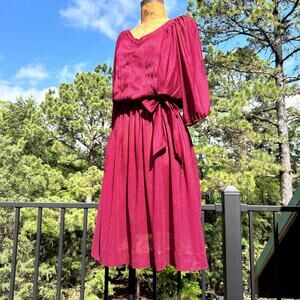 Vintage 70s Merlot Flowy Pleated Blouson Balloon Sleeve Midi Dress M L